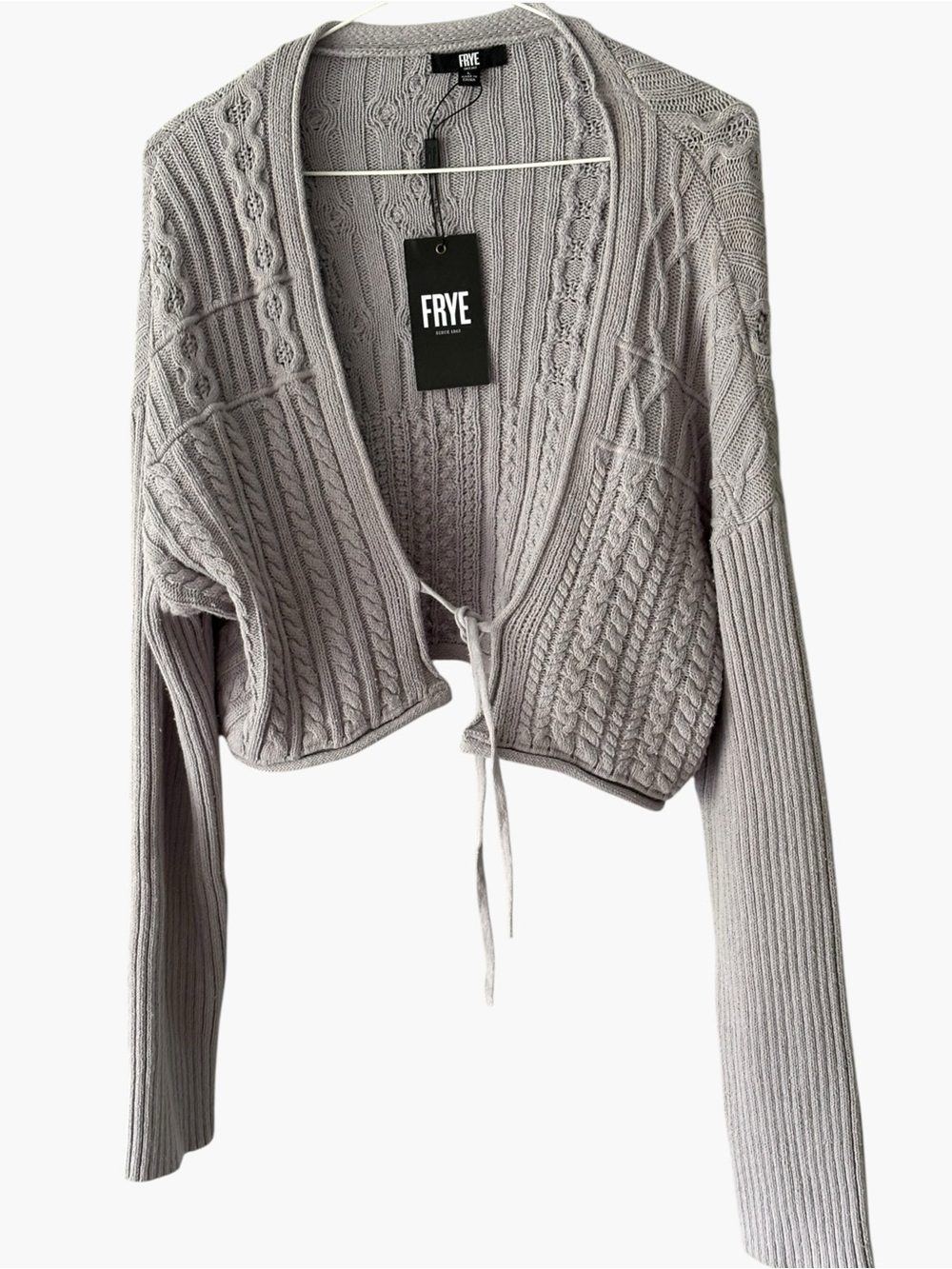 Women’s FRYE Cropped Cardigan Gray Open Weave L/S Size Large NWT - Picture 2 of 8
